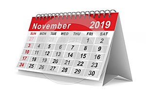 2019 year. Calendar for November. Isolated 3D illustration
