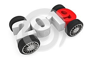 2019 Year Concept with Car Wheels. 3d Rendering