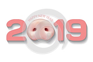 The 2019 year. Happy New Year greetings card or Christmas invitations. Zodiac Pig. Card with a realistic pig snout on a white back