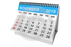 2019 Year November Calendar. 3d Rendering