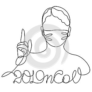 2019nCOV girl in a protective mask, profile portrait drawn in one line. Isolated stock vector illustration