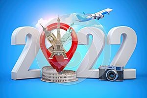 202 Happy new year. Number 2022 and pin with most popular landmarks of the world. New year celebration in London, Paris, Rome or