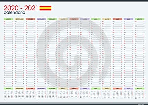 2020 - 2021 mid year wall planner in spanish language. Academic year.