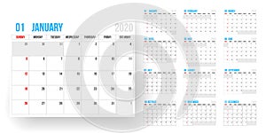 2020 calendar. calendar template on white background. Editable vector file available. English and sunday to monday