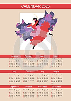 2020 Calendar design with flamenco dancer girl with a flowered shawl and fan. Week starts on sunday
