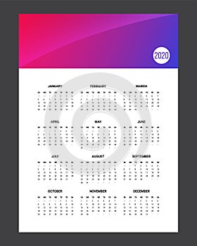 2020 Calendar - illustration. Template Mock up. Gradient background