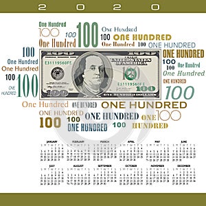 A 2020 calendar with a one hundred dollar bill