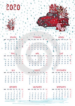2020 Calendar planner whith red christmas tractor, new year tree and celebrateted gifts Week starts on Monday. Scale A4 dimension