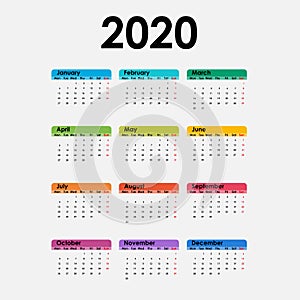 2020 Calendar Template.Calendar 2020 Set of 12 Months.Yearly calendar vector design stationery template.Vector illustration