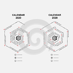 2020 Calendar Template.Hexagon shape calendar.Calendar 2020 Set of 12 Months.Yearly calendar vector design stationery template.