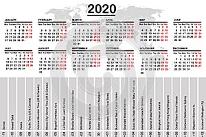 2020 calendar with world map and time zones