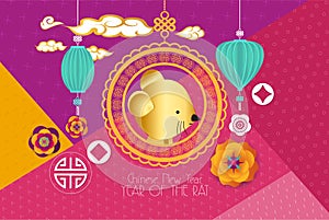 2020 Chinese Greeting Card with Paper cut Emblem and Flowers on Geometric Background. Zodiac Rat, Happy New Year