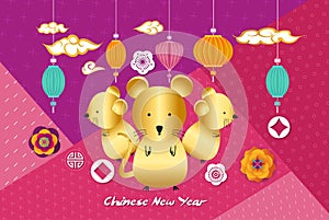 2020 Chinese Greeting Card with Paper cut Emblem and Flowers on Geometric Background. Zodiac Rat, Happy New Year