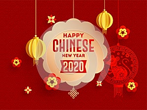 2020 Chinese Happy New Year greeting card design with hanging rat zodiac sign and paper cut lanterns.