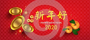 2020 Chinese new year with auspicious alphabet and ancient Chinese coins,symbols of wealth with auspicious fruit oranges, year of