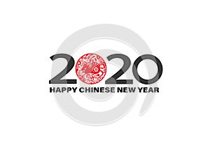 2020 Chinese New Year greeting background. Black numbers and a traditional red paper cut Mouse symbol on a white background