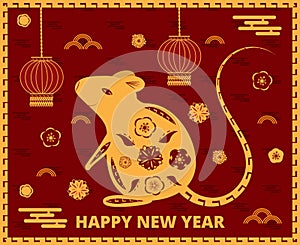 2020 Chinese New Year greeting card with golden rat silhouette, clouds, lantern,