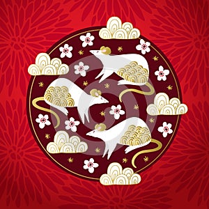 2020 Chinese New Year greeting card, invitation. Year of the rat. Red background with chrysanthemum flowers and golden