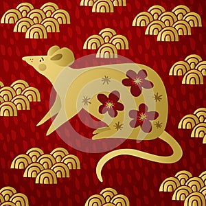 2020 Chinese New Year greeting card, invitation. Year of the rat. Red textured background with golden ornaments, clouds
