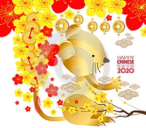 2020 Chinese New Year Greeting Card, Paper cut with Yellow Rat and Sakura Flowers Background