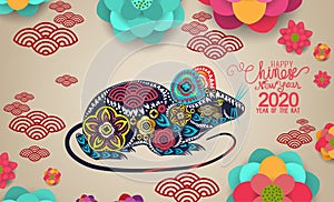 2020 Chinese New Year Greeting Card, Paper cut with Yellow rat and Sakura Flowers on Light Background