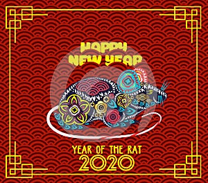 2020 chinese new year greeting card with traditionlal pattern background. Year of rat