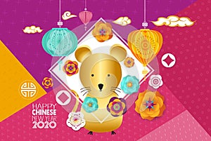 2020 Chinese New Year Greeting Card with White Frame, Peony, Yellow rat and Asian Lanterns on Modern Geometric Background