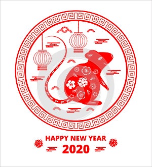 2020 Chinese New Year greeting round card with red rat silhouette, clouds, lantern