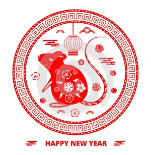 2020 Chinese New Year greeting round card with red rat silhouette, clouds, lantern