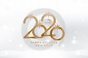 2020 Chinese new year of the Rat. Greeting card with golden elements with ribbon, snowflakes and light effects on the background