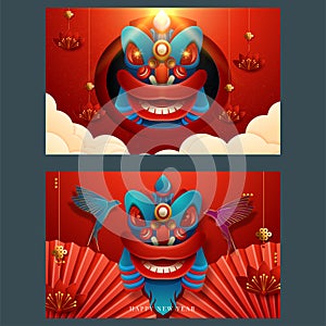 2020 Chinese New Year of the Rat Set vector banners, posters, leaflet, flyers. Lanterns, flowers, clouds, round decorative shapes