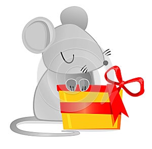 2020. Cute Mouse and gift box with a red bow. Cartoon character childish illustration. Chinese New Year greeting card.Year of the