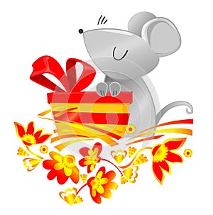 2020. Cute Mouse and gift box with a red bow. Cartoon character childish illustration. Chinese New Year greeting card.Year of the