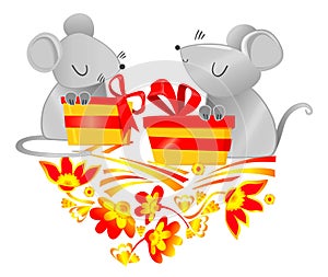 2020. Cute Mouse and gift box with a red bow. Cartoon character childish illustration. Chinese New Year greeting card.Year of the