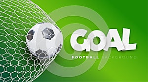 2020 Football goal background. Vector soccer banner with ball in net and place for text, sport game and football championship cut