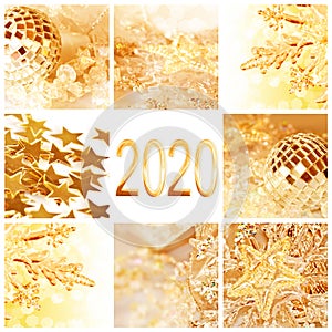 2020, golden christmas ornaments collage new year and holiday greeting card