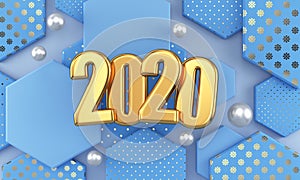 2020 golden inscription on a background of blue hexagons. 3d render illustration