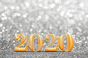 2020 golden new years 3d rendering at abstract sparkling bright silver glitter  perspective background studio.luxury holiday