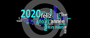 2020 greeting card on black background new year multilingual word cloud