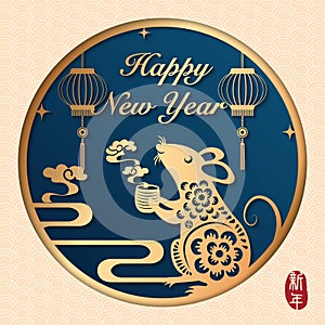 2020 Happy Chinese new year of golden relief rat holding hot tea and spiral curve cloud. Chinese translation : New year