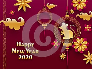 2020 Happy Chinese New Year greeting card design with hanging rat zodiac sign and paper cut flowers.