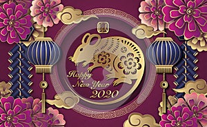2020 Happy Chinese new year of retro gold purple relief flower lantern rat cloud firecrackers and lattice round frame. Chinese
