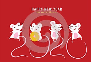 2020 Happy Chinese New Year, the year of the rat. Design concept of funny greeting card with cute characters mouses and