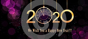 2020 Happy New Year banner design with hanging golden numbers and vintage clock on purple background