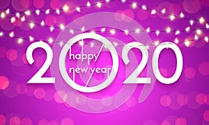 2020 Happy New Year, Christmas lights lamps. Vector golden glittering text with sparkle shine, 2020 new year holiday greeting