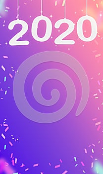 2020 Happy new year and confetti hanging at pink gradient purple studio room,Hoilday greeting card,Vertical Mock up for display or