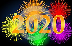 2020 happy new year on dark background with multicolored firework . illustration design