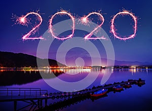 2020 happy new year fireworks over Mount fuji-san at Lake kawaguchiko in japan