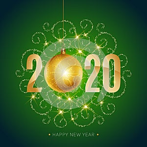 2020, Happy New Year, gold. Greeting card with golden text 2020 with christmas ball. Background, banner, poster. Vector