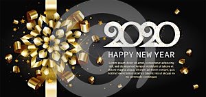 2020, Happy New Year, gold. Greeting card with text 2020 with christmas ball. Background, banner, poster. Vector